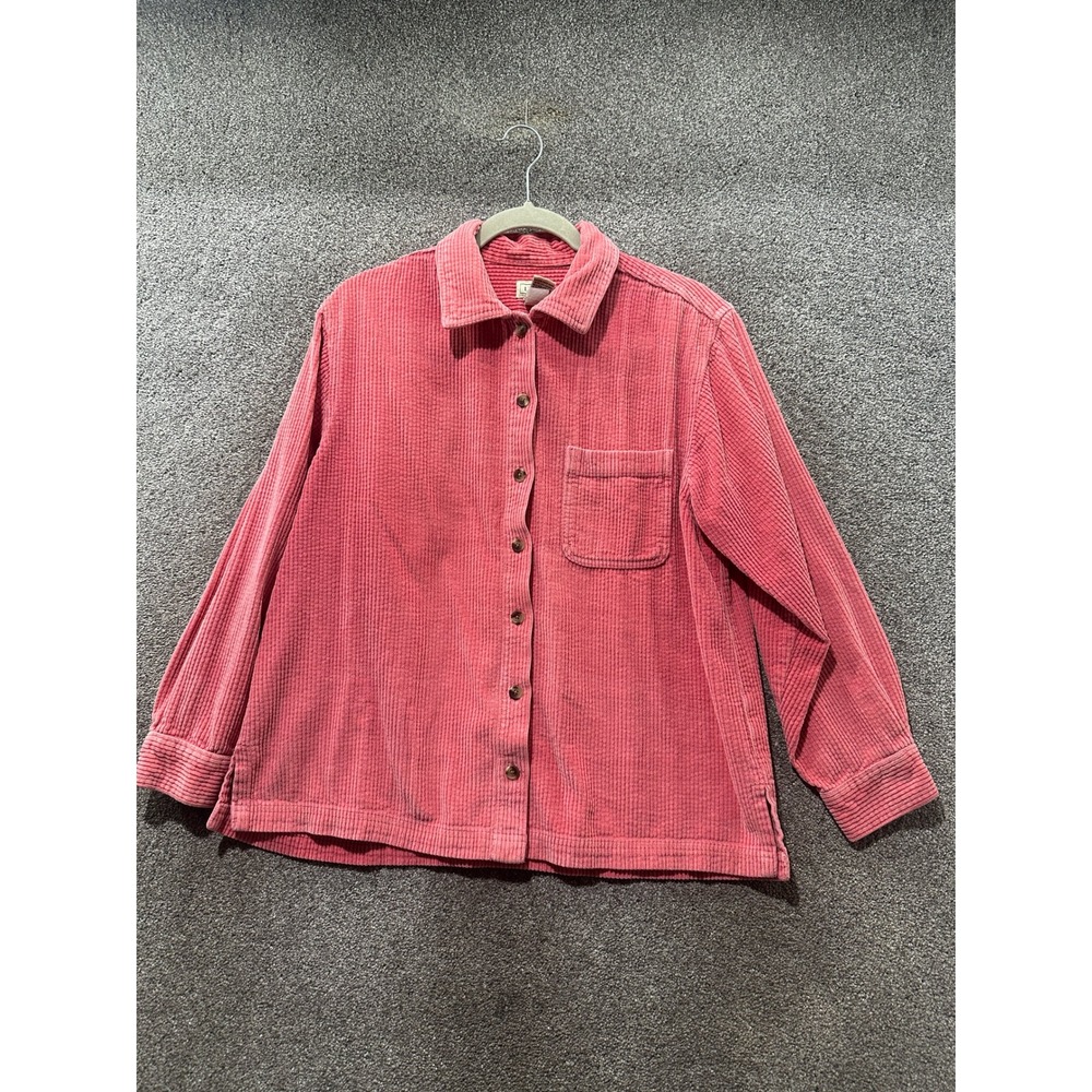 LL Bean Womens Pink Corduroy Button Down Shirt Medium Petite Layering Winter